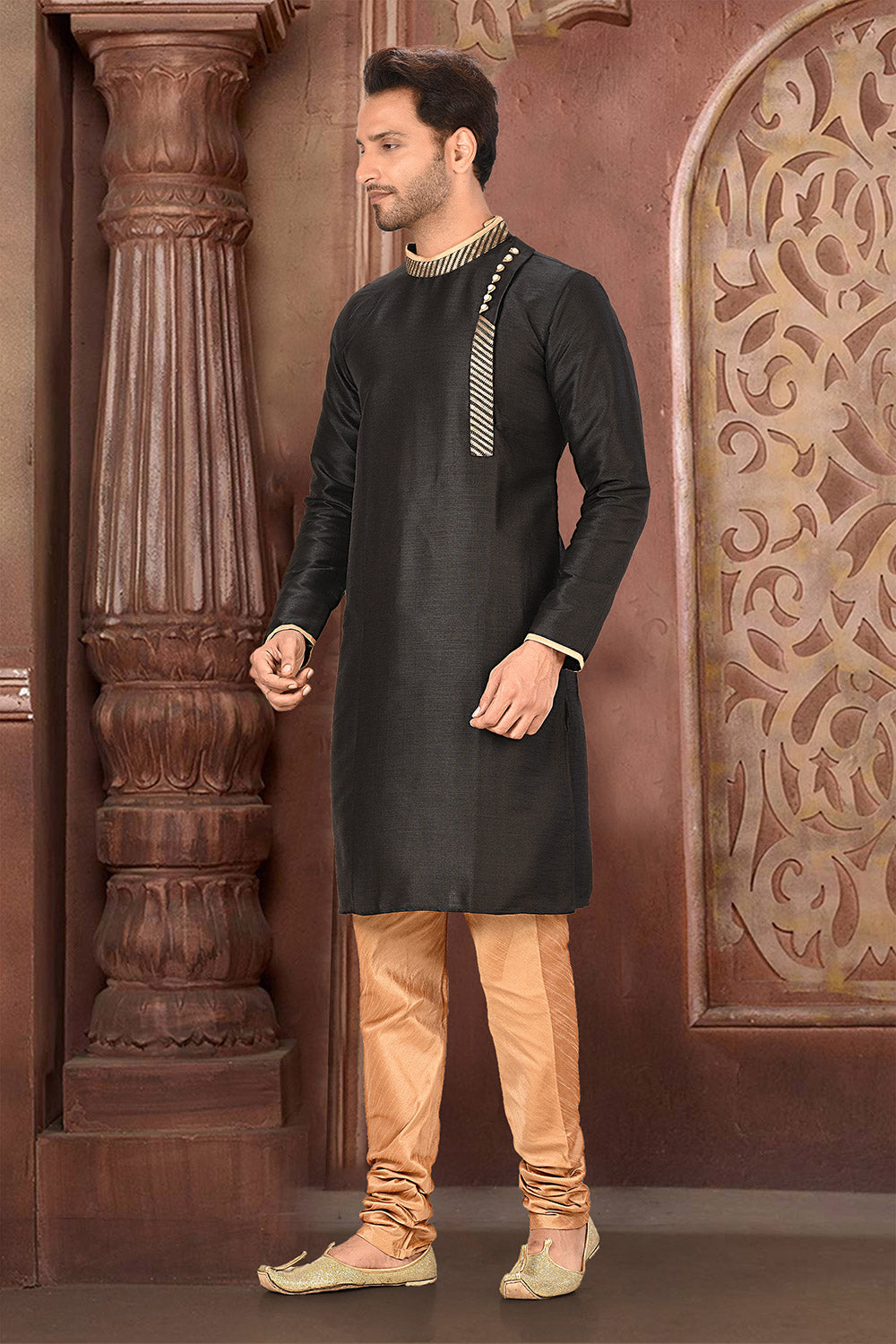 Black Colour Cotton Silk Fabric With Thread Work Kurta Pajama