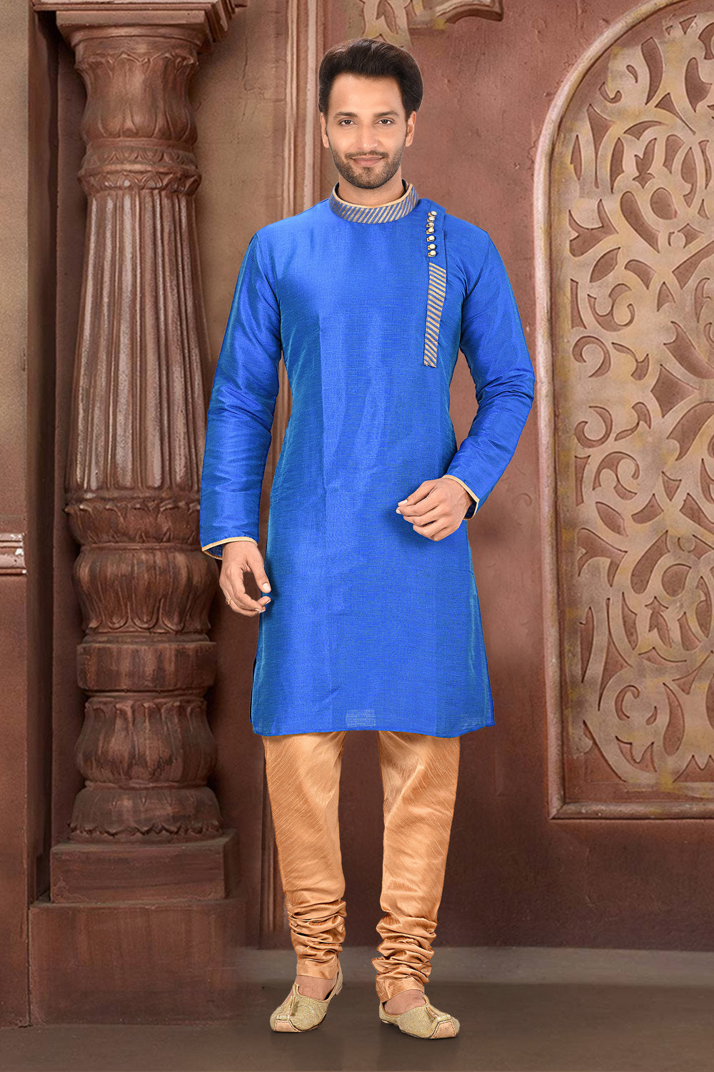 Blue Colour Silk Fabric With Thread Work Kurta Pajama