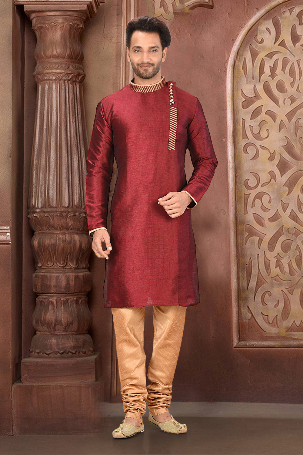 Maroon Colour Silk Fabric With Thread Work Kurta Pajama