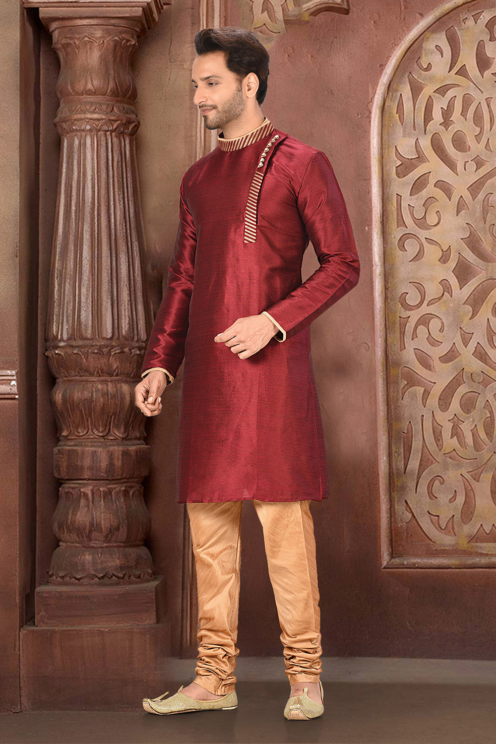 Maroon Colour Silk Fabric With Thread Work Kurta Pajama