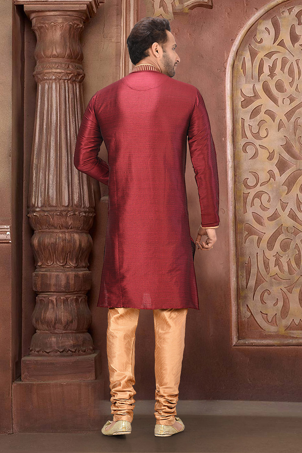Maroon Colour Silk Fabric With Thread Work Kurta Pajama