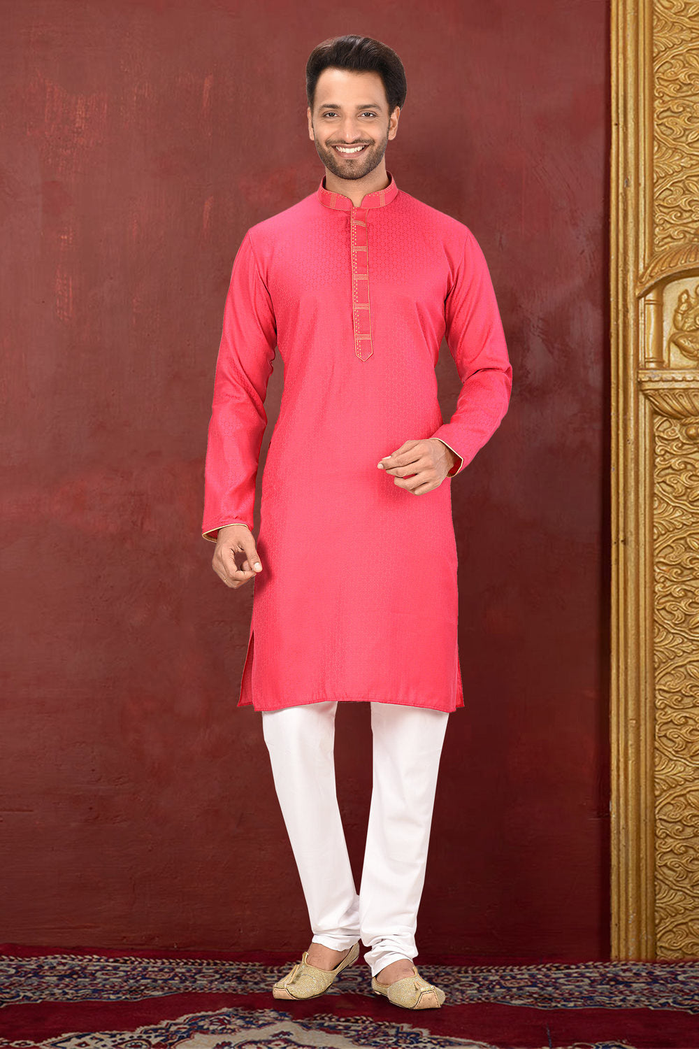Pink Colour Cotton Silk Fabric With Thread Work Kurta Pajama