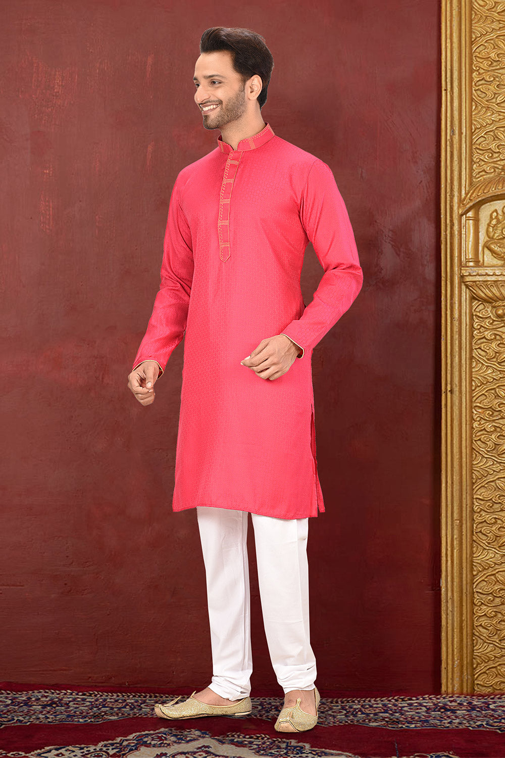 Pink Colour Cotton Silk Fabric With Thread Work Kurta Pajama