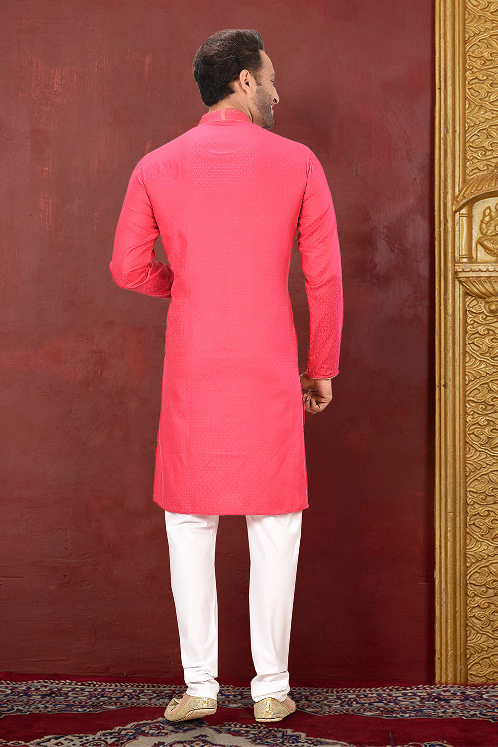 Pink Colour Cotton Silk Fabric With Thread Work Kurta Pajama