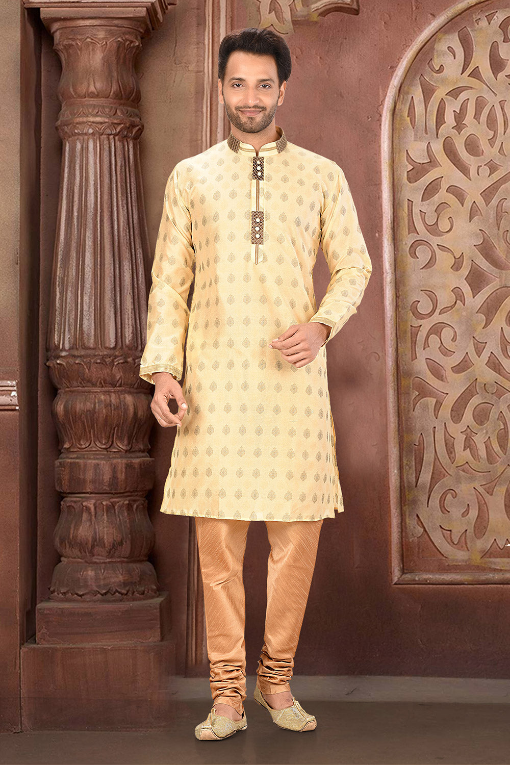 Cream Colour Jacquard Fabric With Thread Work Kurta Pajama