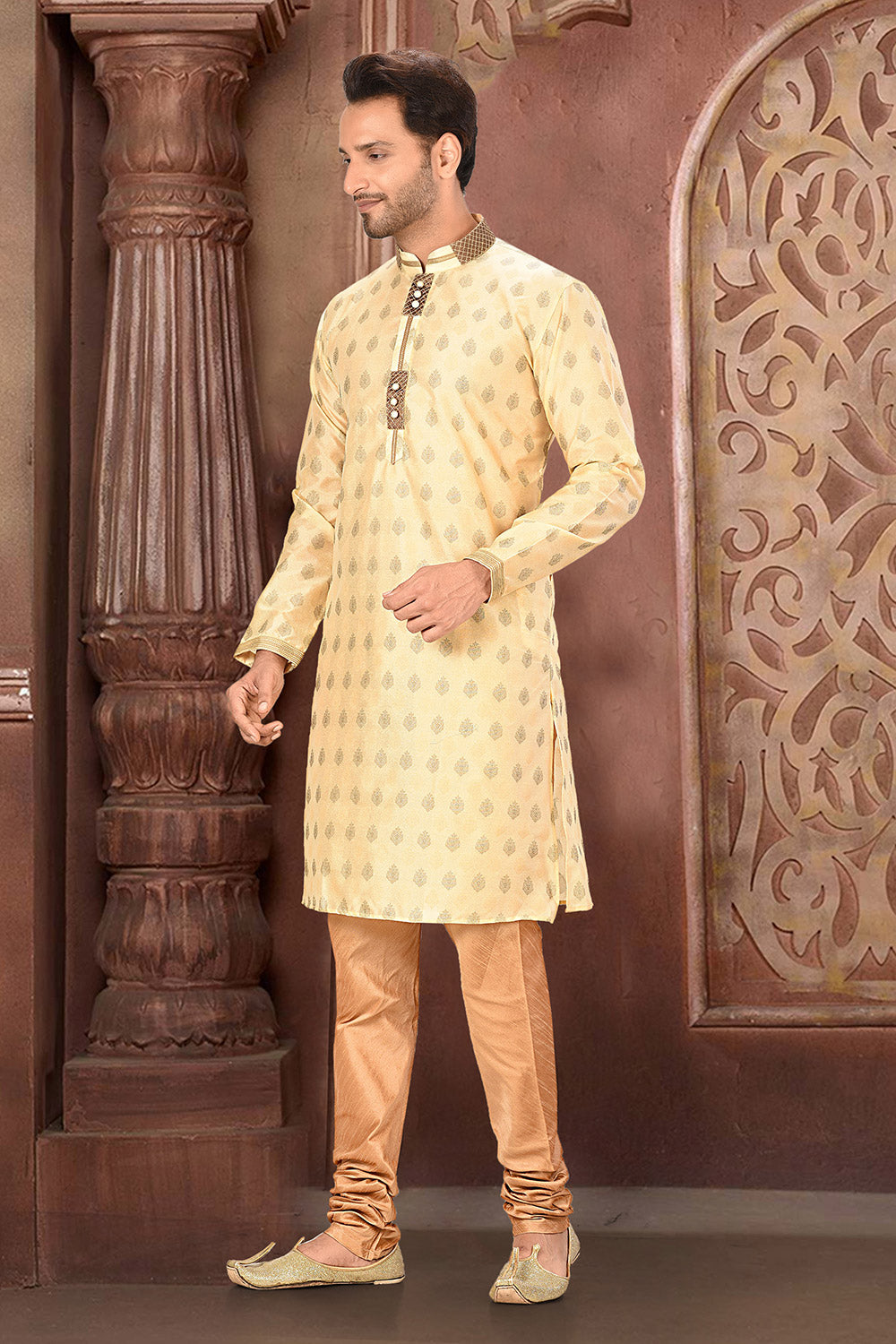 Cream Colour Jacquard Fabric With Thread Work Kurta Pajama