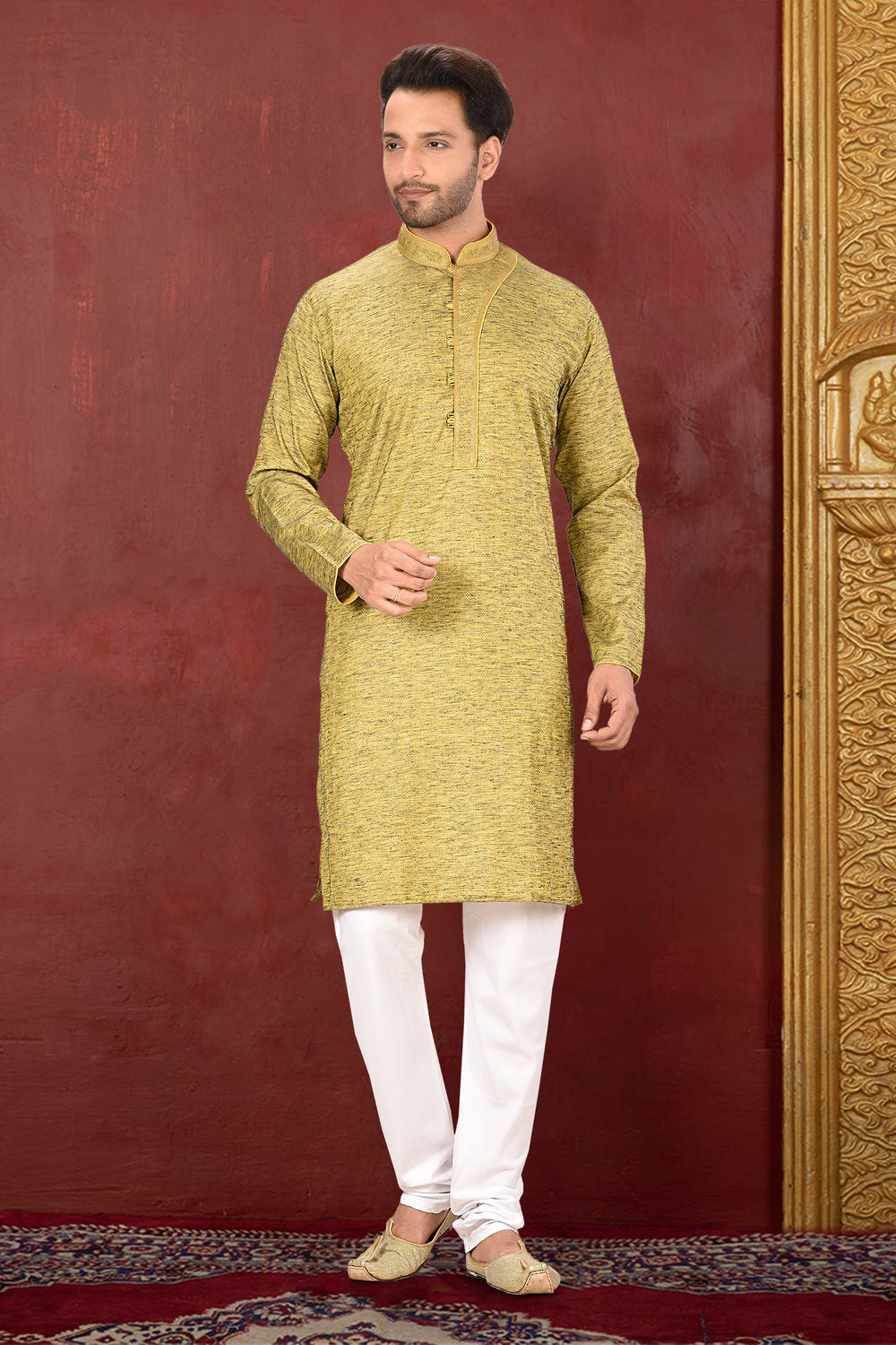 Olive Colour Cotton Silk Fabric With Thread Work Kurta Pajama
