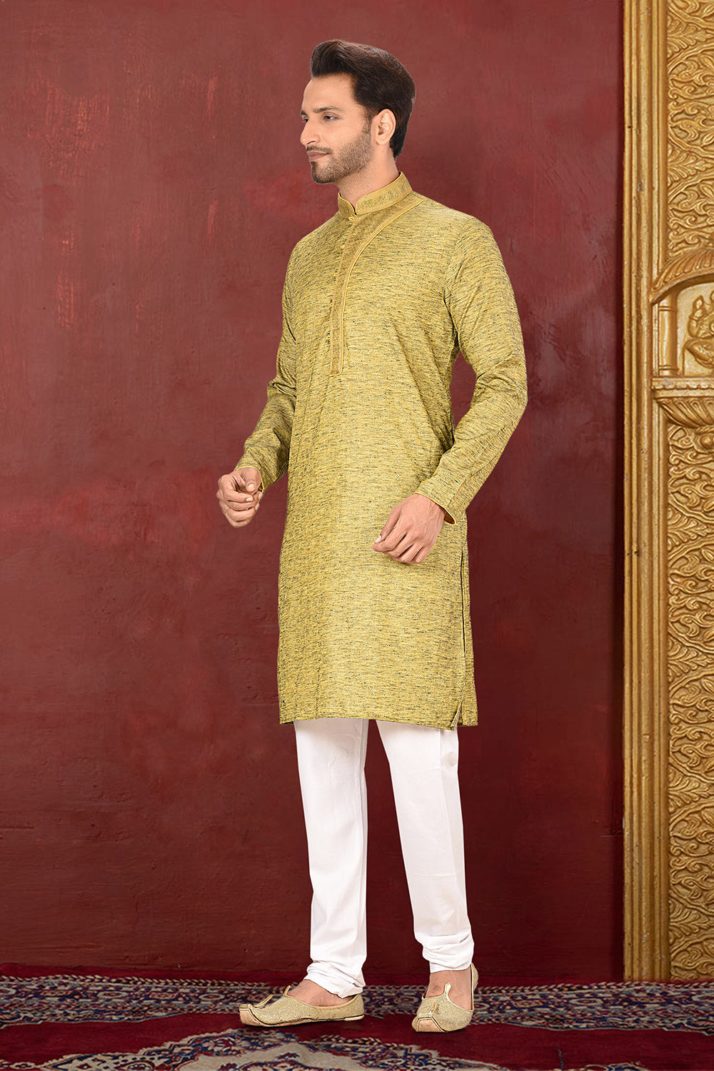 Olive Colour Cotton Silk Fabric With Thread Work Kurta Pajama