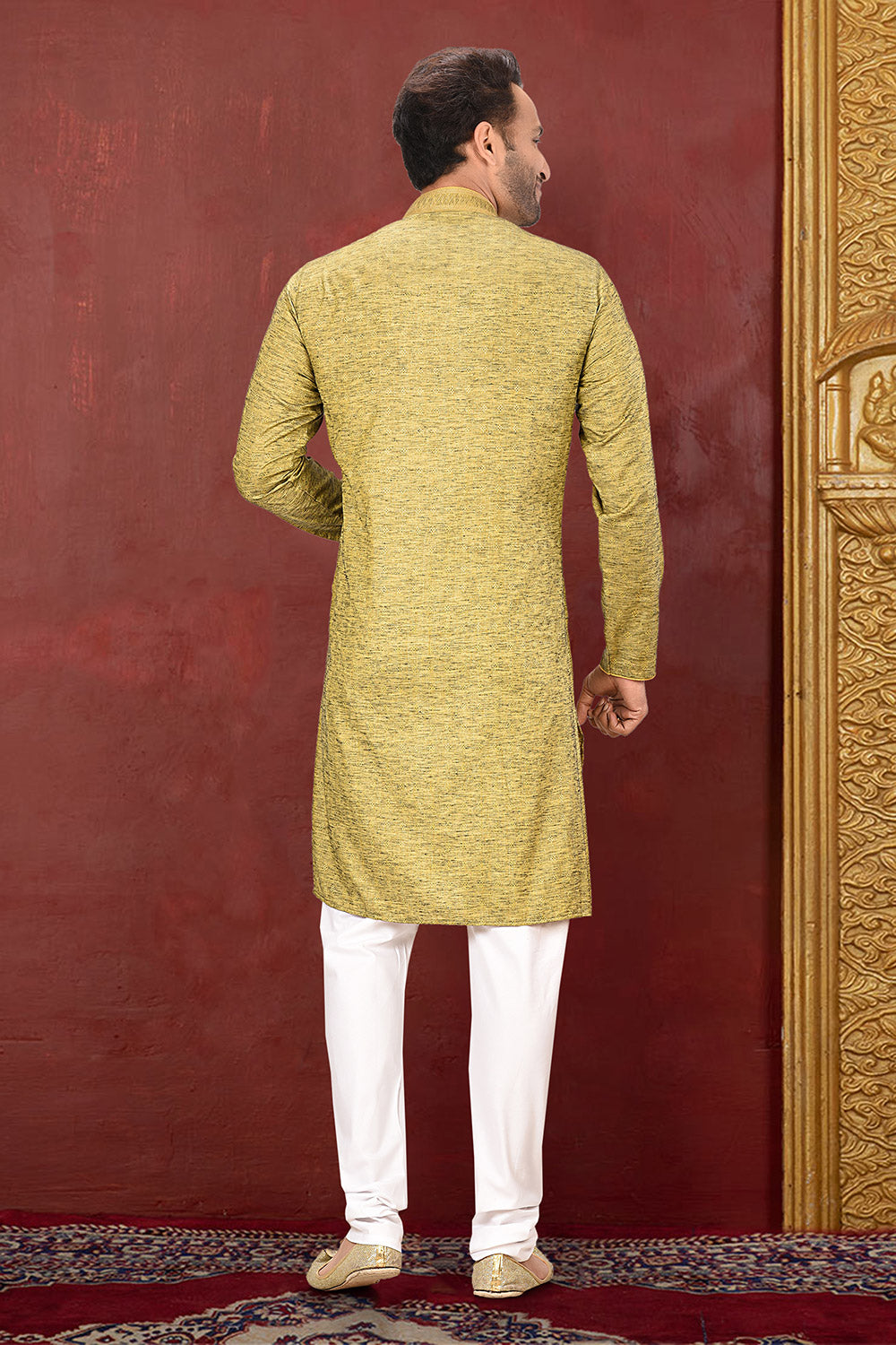 Olive Colour Cotton Silk Fabric With Thread Work Kurta Pajama