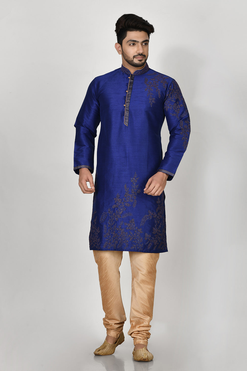 Royal Blue Colour Dupion Silk Fabric Machine Embroidery Kurta Pajama