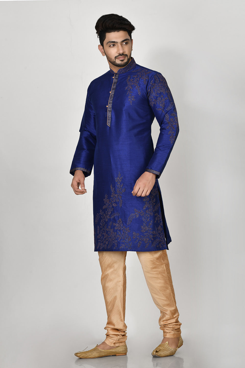 Royal Blue Colour Dupion Silk Fabric Machine Embroidery Kurta Pajama