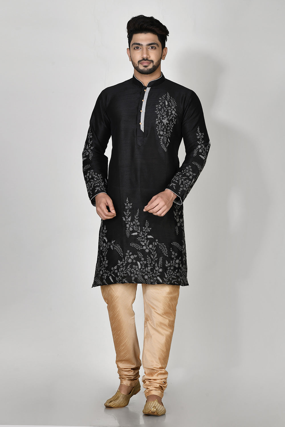 Black Colour Dupion Silk Fabric Machine Embroidery Kurta Pajama