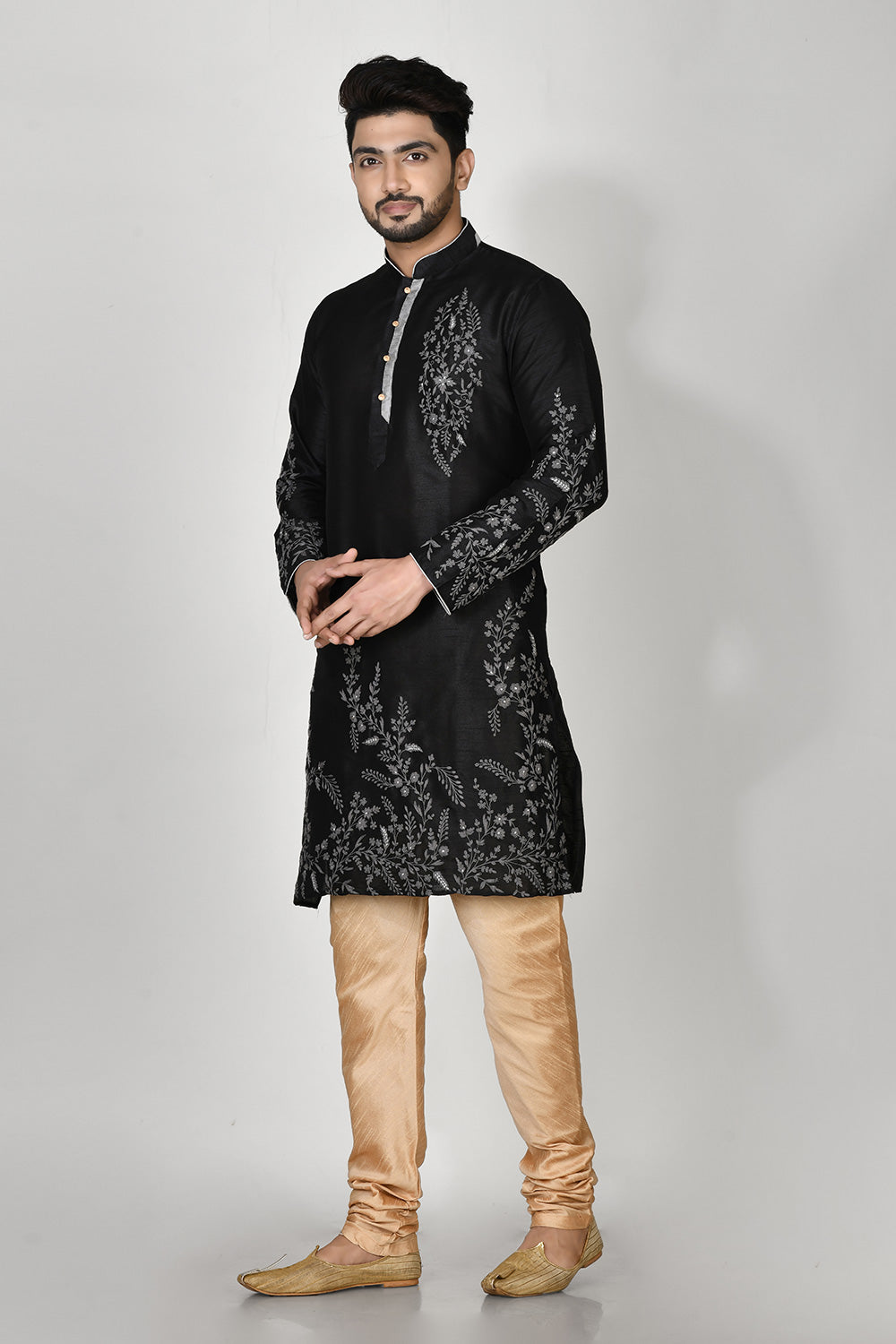 Black Colour Dupion Silk Fabric Machine Embroidery Kurta Pajama