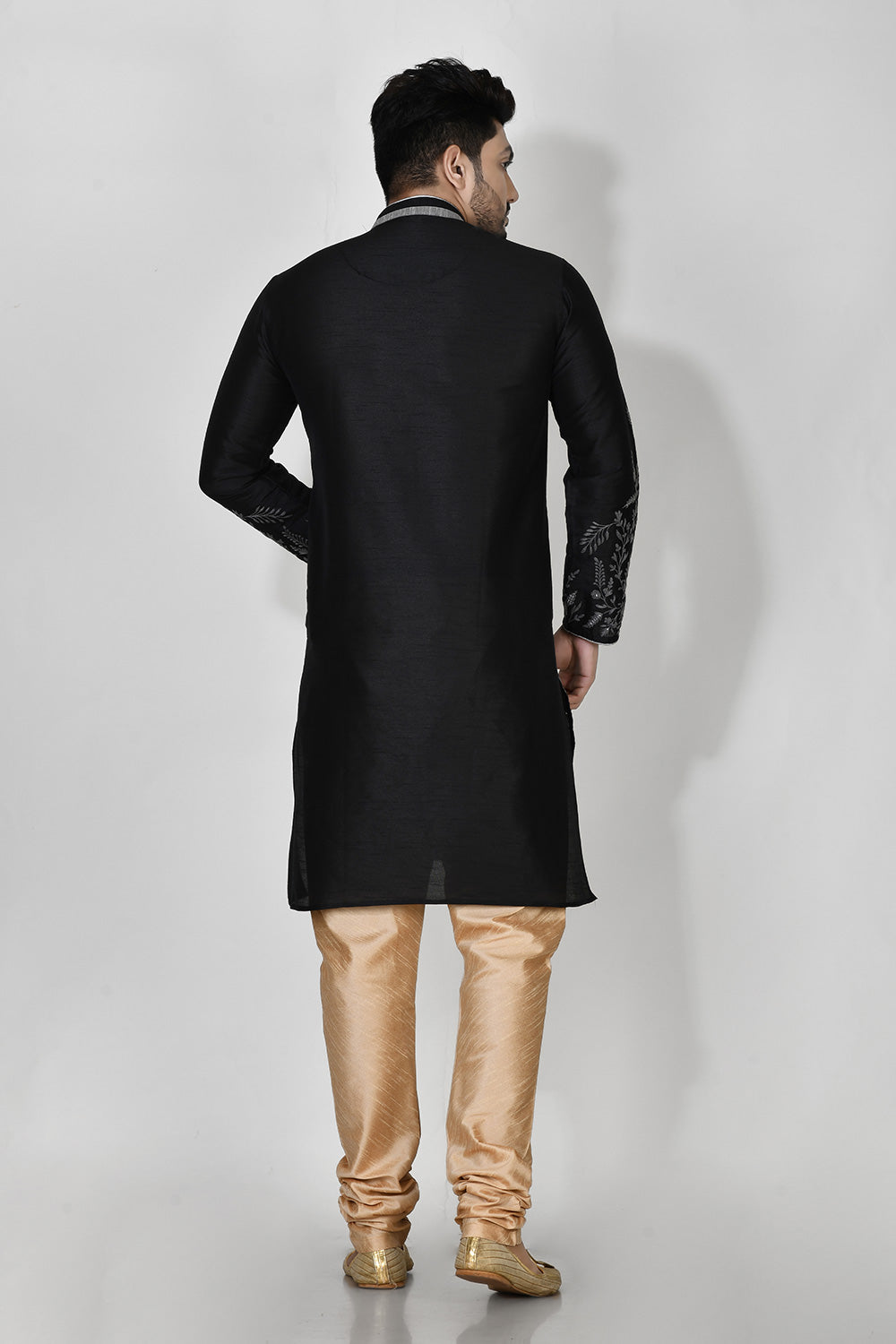 Black Colour Dupion Silk Fabric Machine Embroidery Kurta Pajama