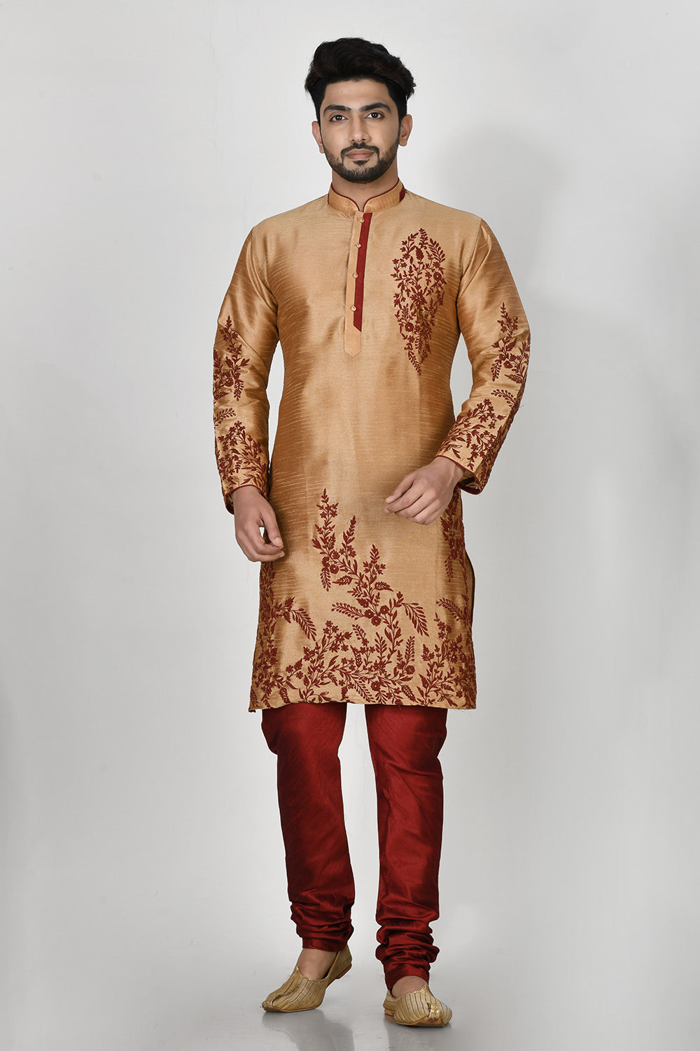 Rose Gold Colour Dupion Silk Fabric Resham Embroidery Kurta Pajama