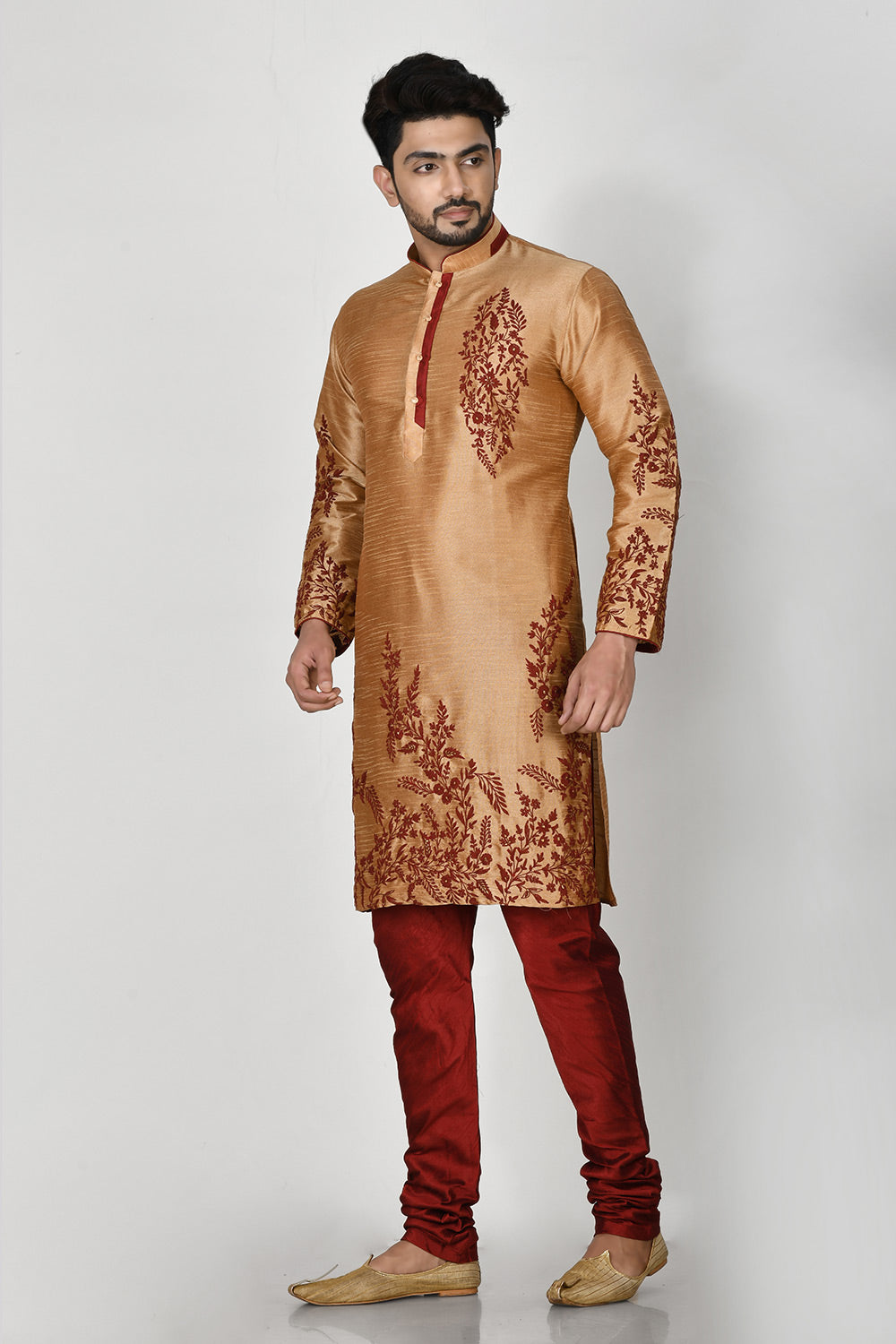 Rose Gold Colour Dupion Silk Fabric Resham Embroidery Kurta Pajama