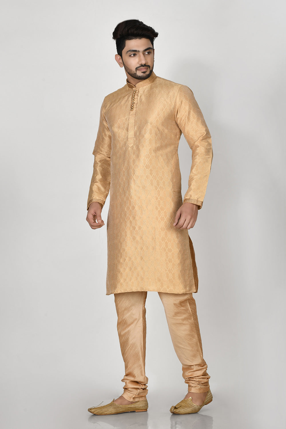 Gold Colour Art Silk Fabric Resham Embroidery Kurta Pajama
