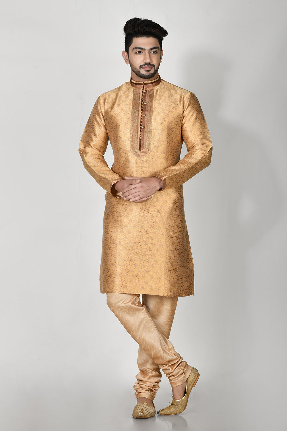 Gold Colour Jacquard Fabric Machine Embroidery Kurta Pajama
