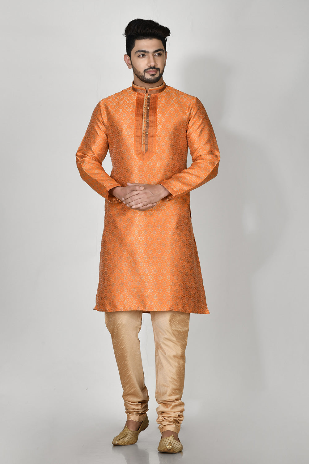 Orange Colour Jacquard Fabric Machine Embroidery Kurta Pajama