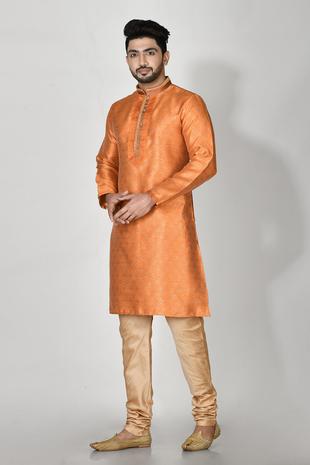 Orange Colour Jacquard Fabric Machine Embroidery Kurta Pajama