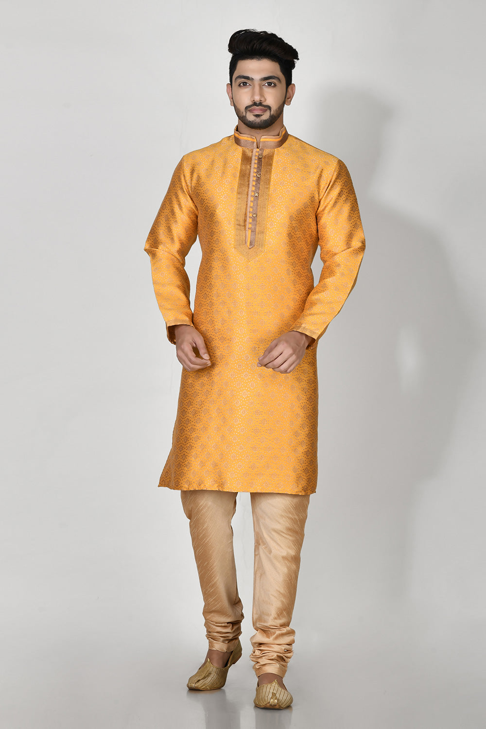 Yellow Colour Jacquard Fabric Machine Embroidery Kurta Pajama