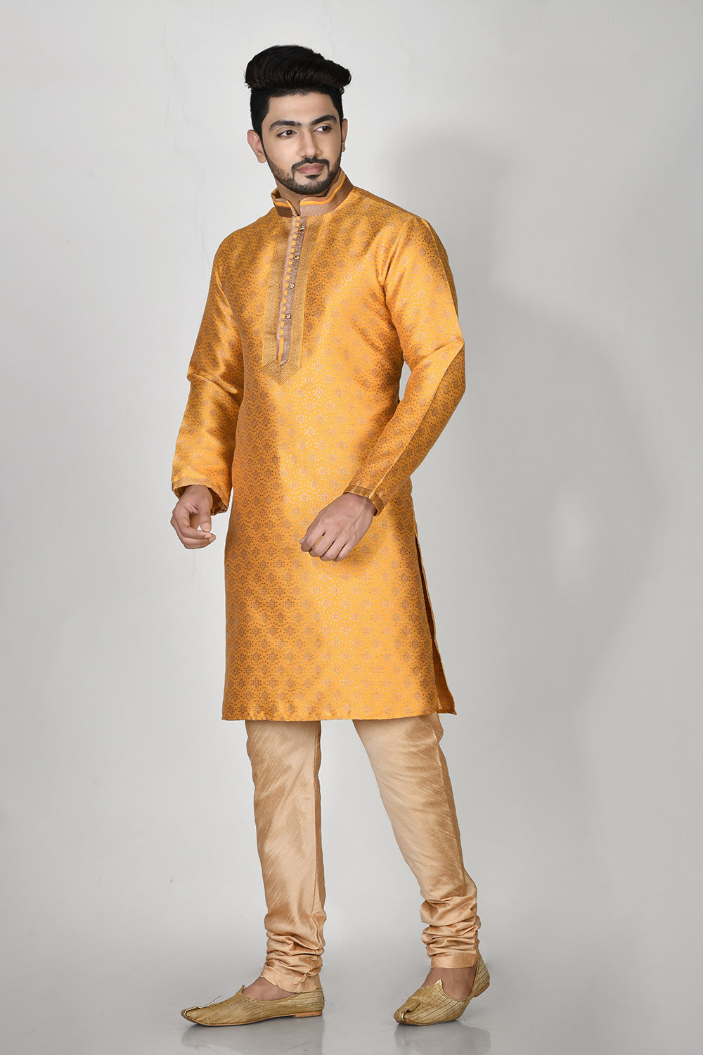 Yellow Colour Jacquard Fabric Machine Embroidery Kurta Pajama