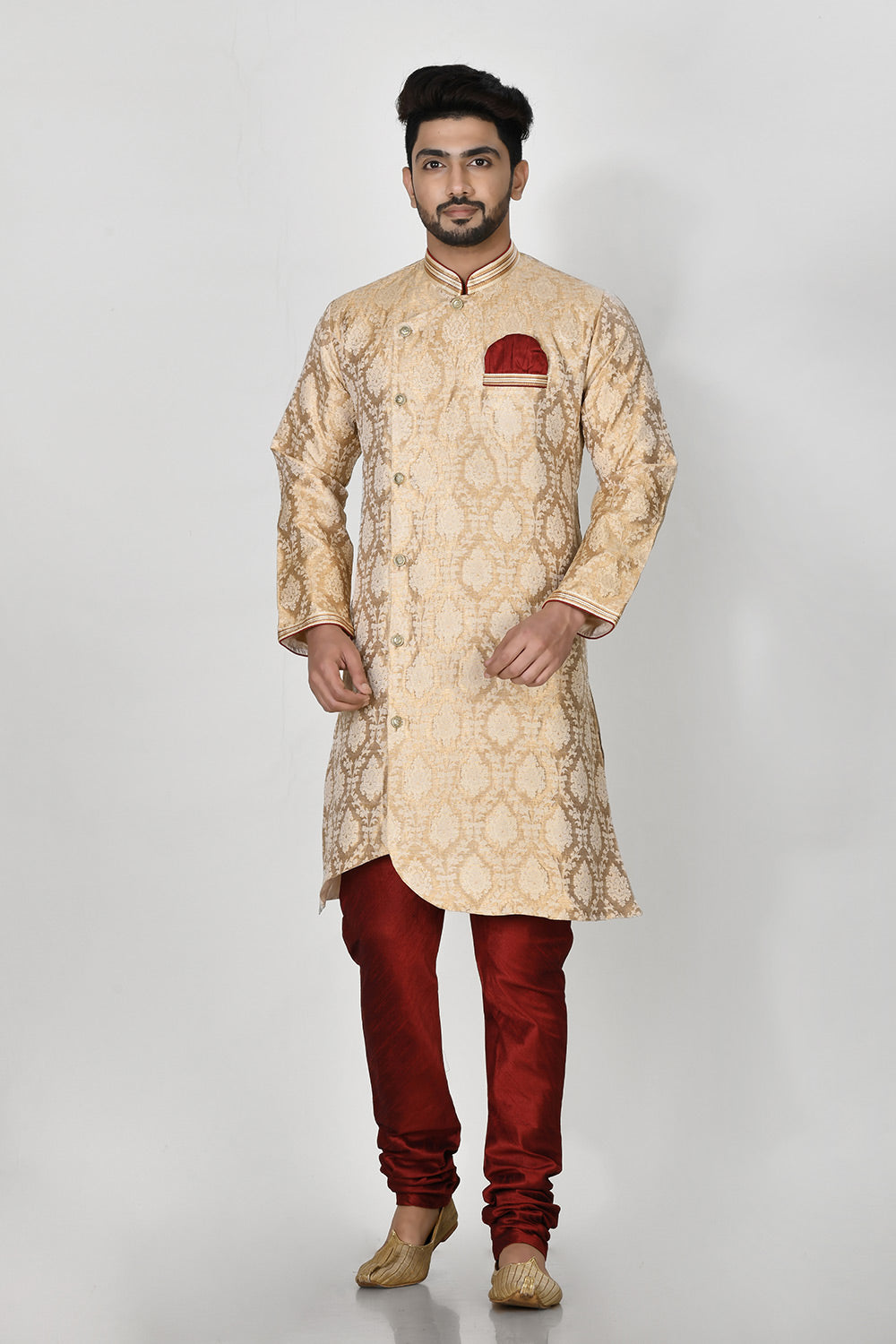 Gold Colour Jacquard Fabric Resham Embroidery Kurta Pajama
