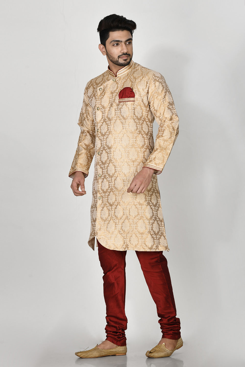 Gold Colour Jacquard Fabric Resham Embroidery Kurta Pajama
