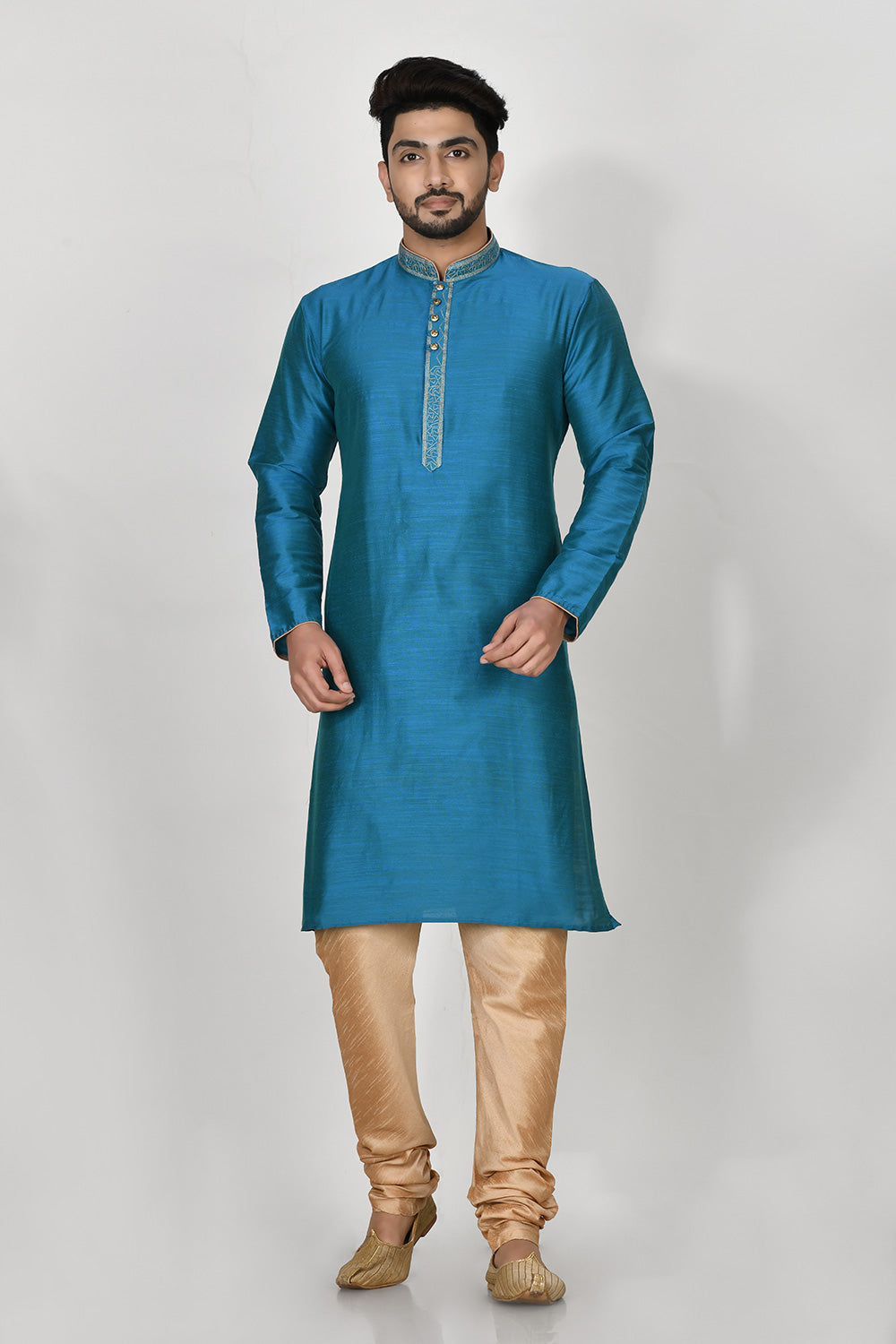 Firoza Colour Cotton Silk Fabric Resham Embroidery Kurta Pajama