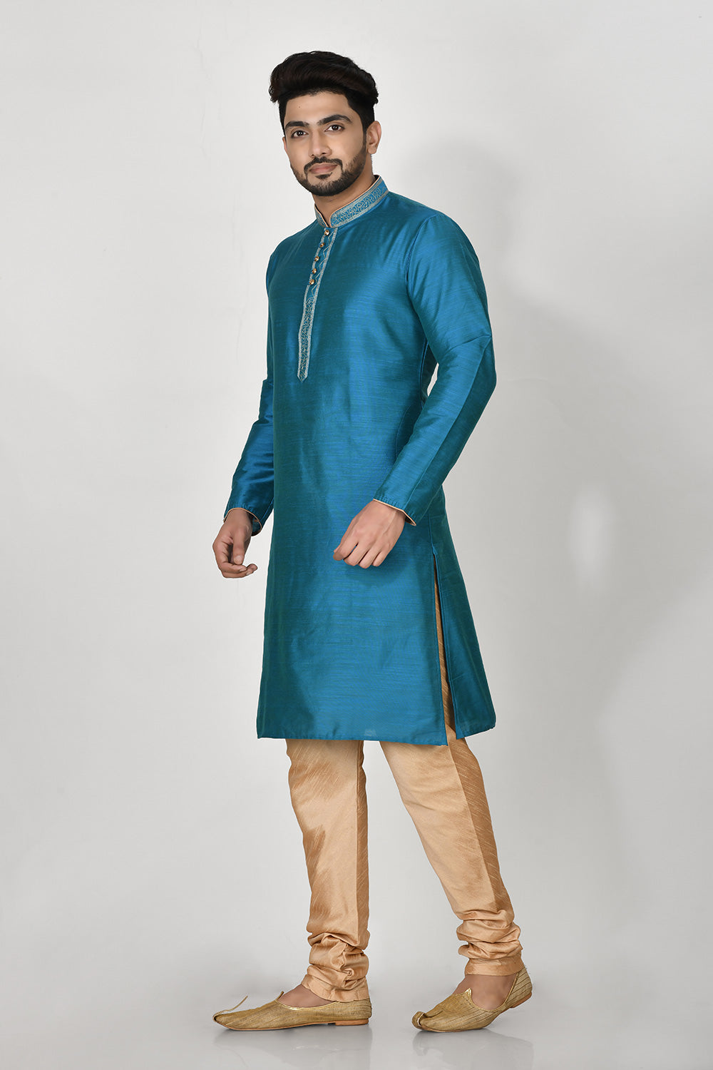 Firoza Colour Cotton Silk Fabric Resham Embroidery Kurta Pajama