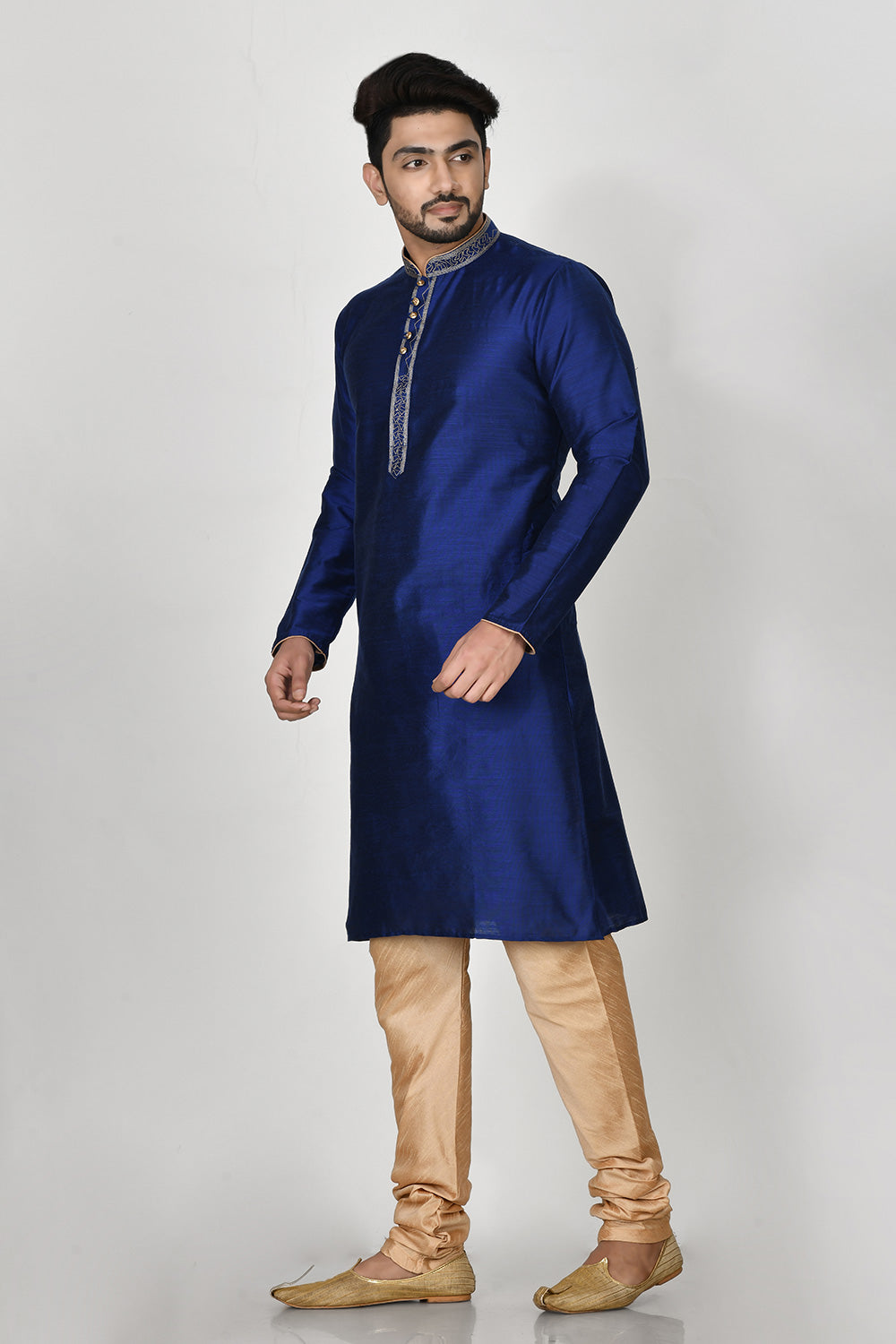 Royal Blue Colour Cotton Silk Fabric Resham Embroidery Kurta Pajama