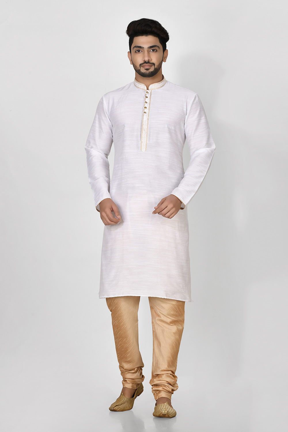 White Colour Cotton Silk Fabric Resham Embroidery Kurta Pajama