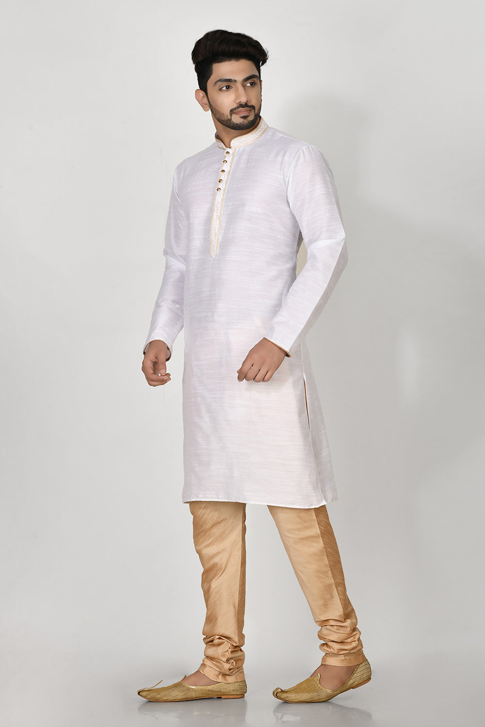 White Colour Cotton Silk Fabric Resham Embroidery Kurta Pajama