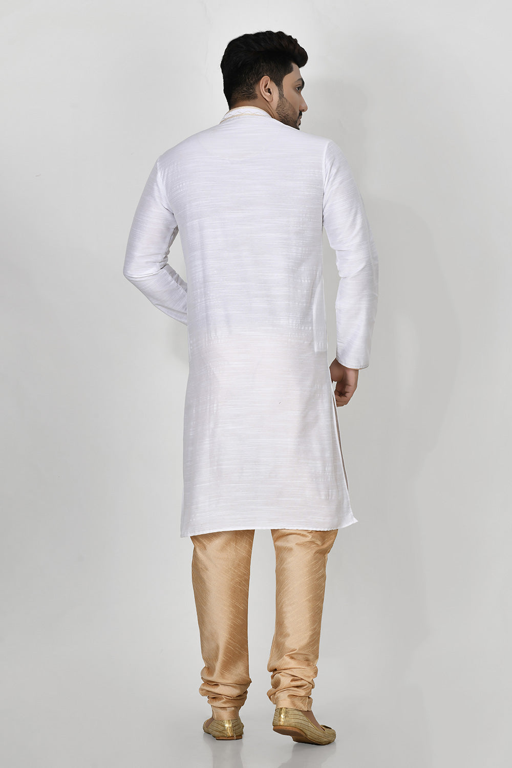 White Colour Cotton Silk Fabric Resham Embroidery Kurta Pajama