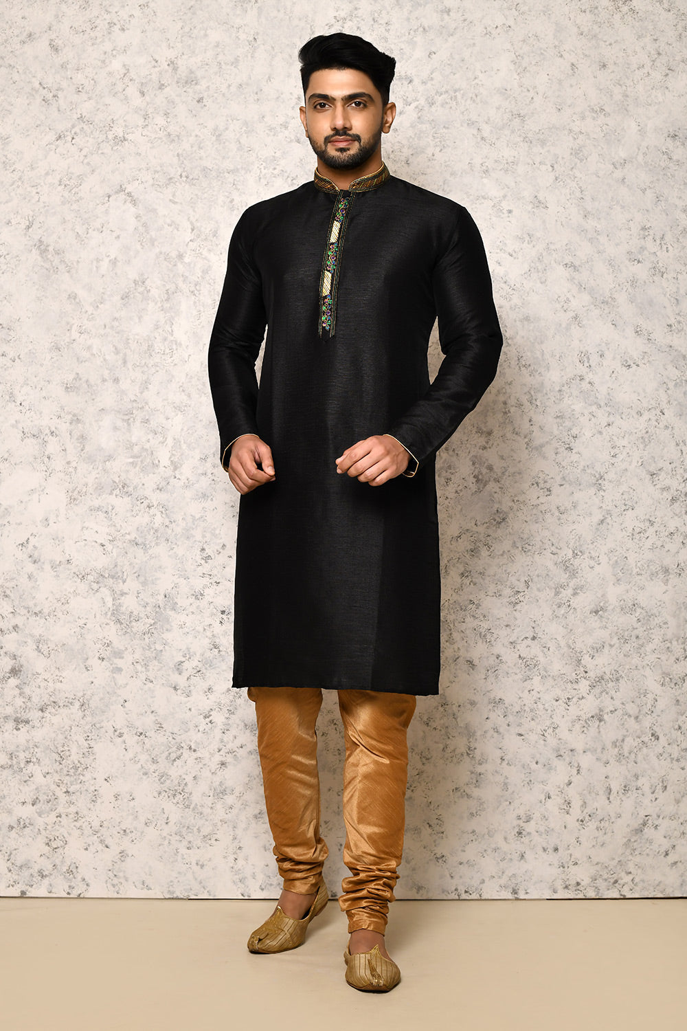 Black Colour Art Silk Fabric With Thread Work Kurta Pajama