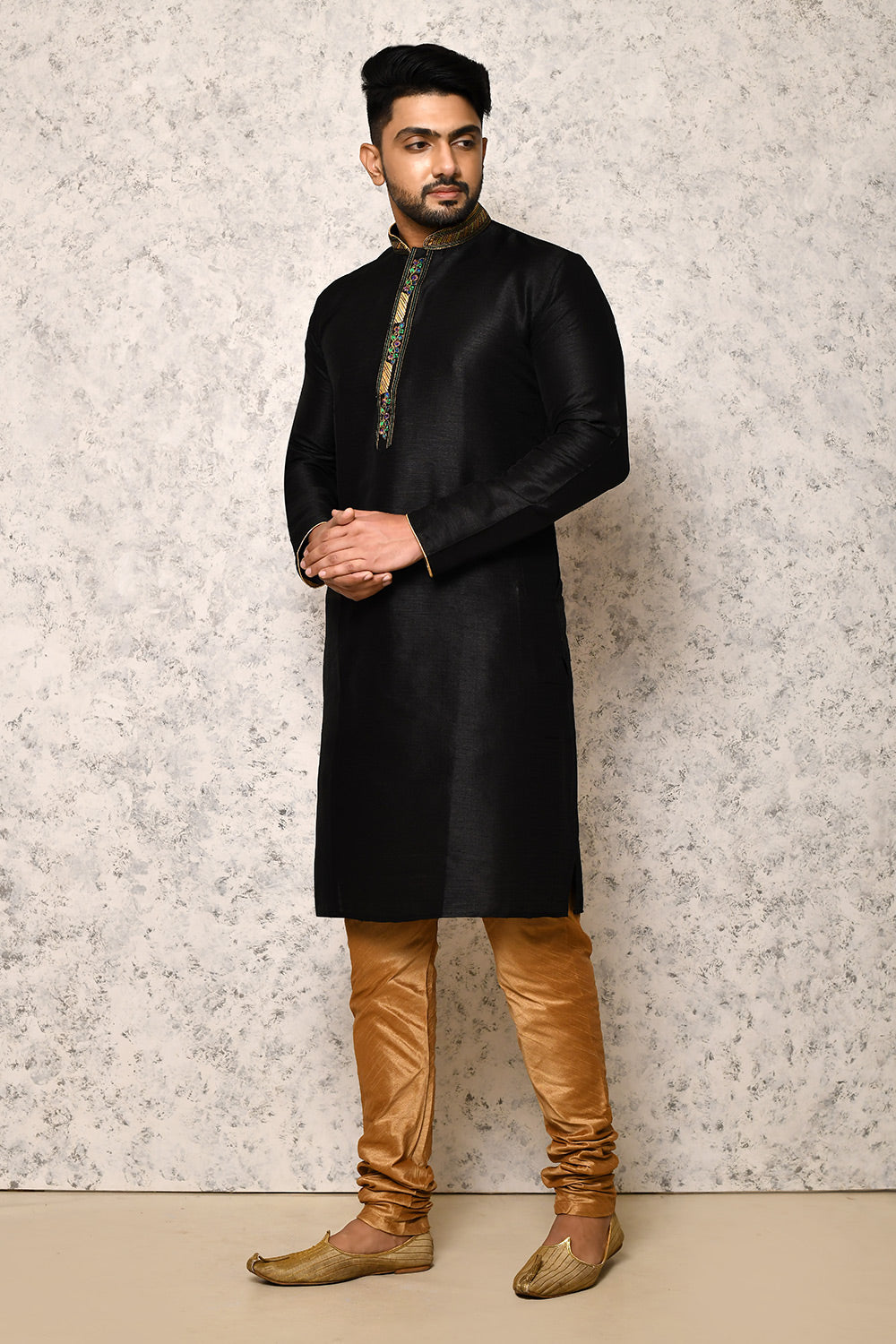 Black Colour Art Silk Fabric With Thread Work Kurta Pajama