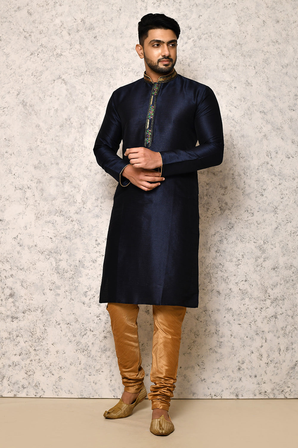 Navy Blue Colour Art Silk Fabric With Thread Work Kurta Pajama