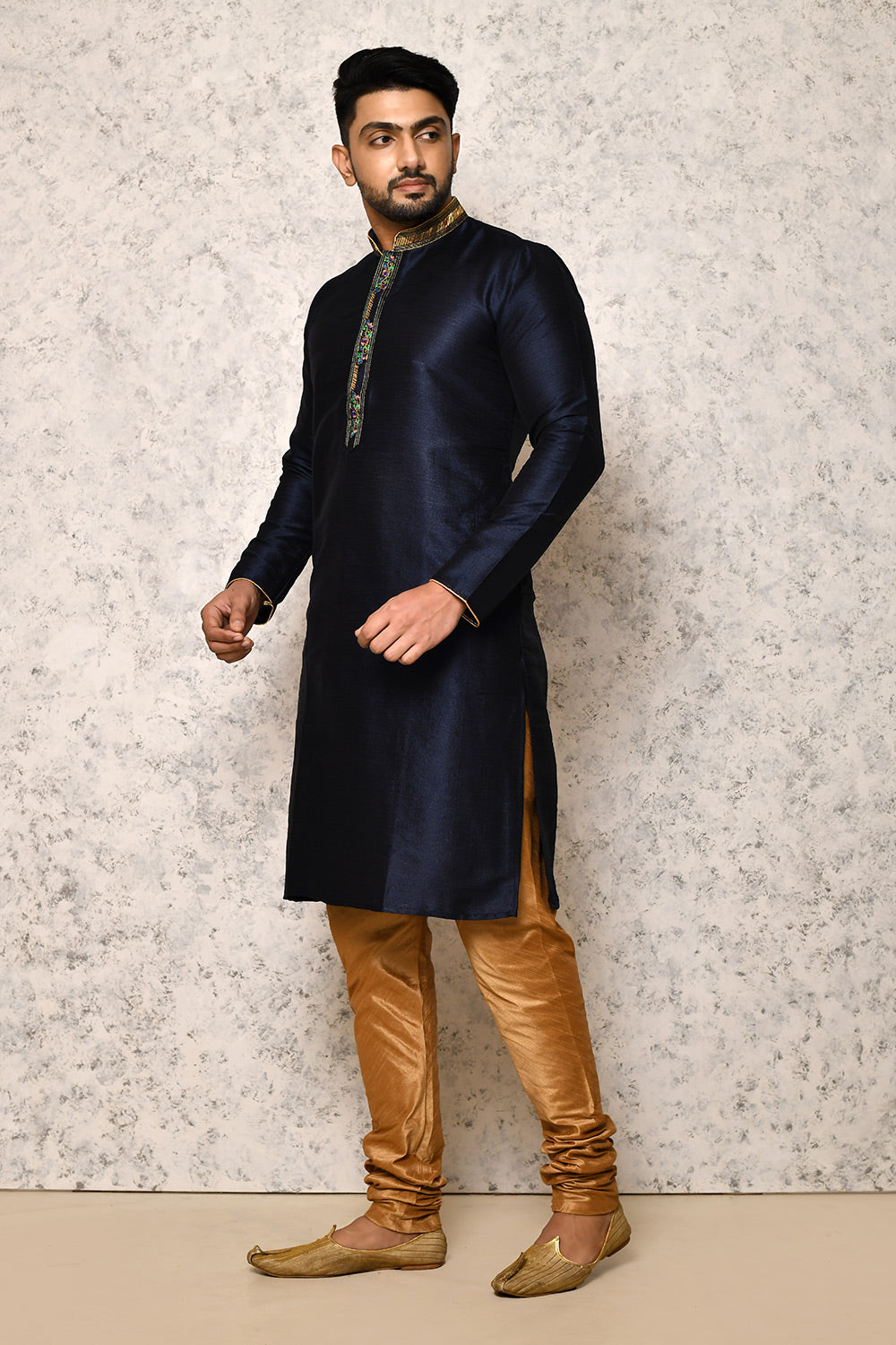 Navy Blue Colour Art Silk Fabric With Thread Work Kurta Pajama