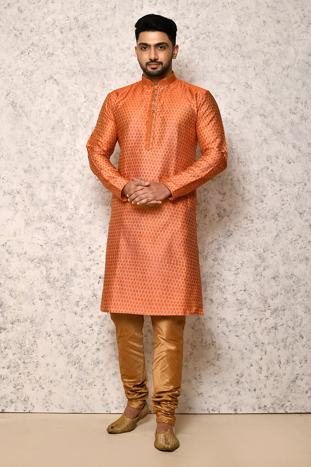 Orange Colour Jacquard Fabric Thread Work Kurta Pajama