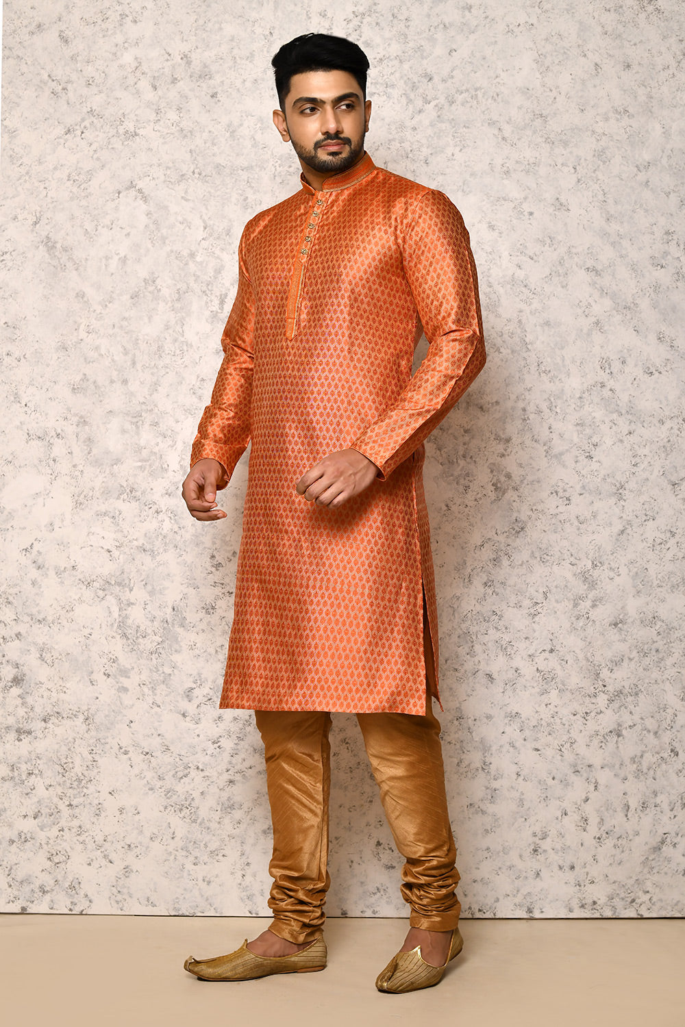 Orange Colour Jacquard Fabric Thread Work Kurta Pajama