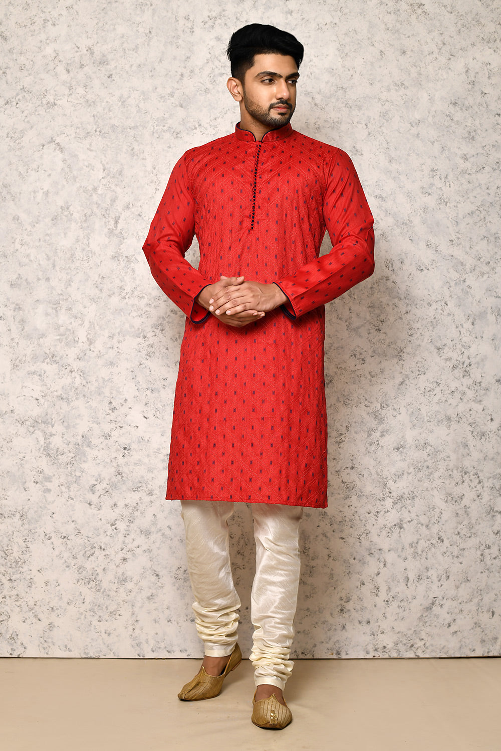 Red Colour Jacquard Fabric Thread Work Kurta Pajama