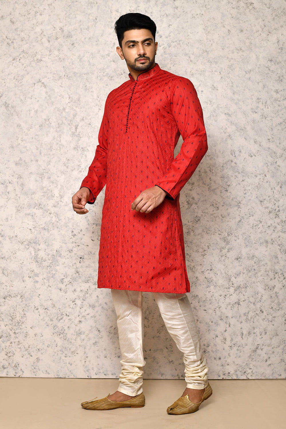 Red Colour Jacquard Fabric Thread Work Kurta Pajama