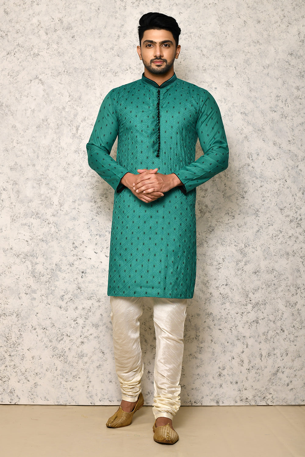 Sea Green Colour Jacquard Fabric Thread Work Kurta Pajama