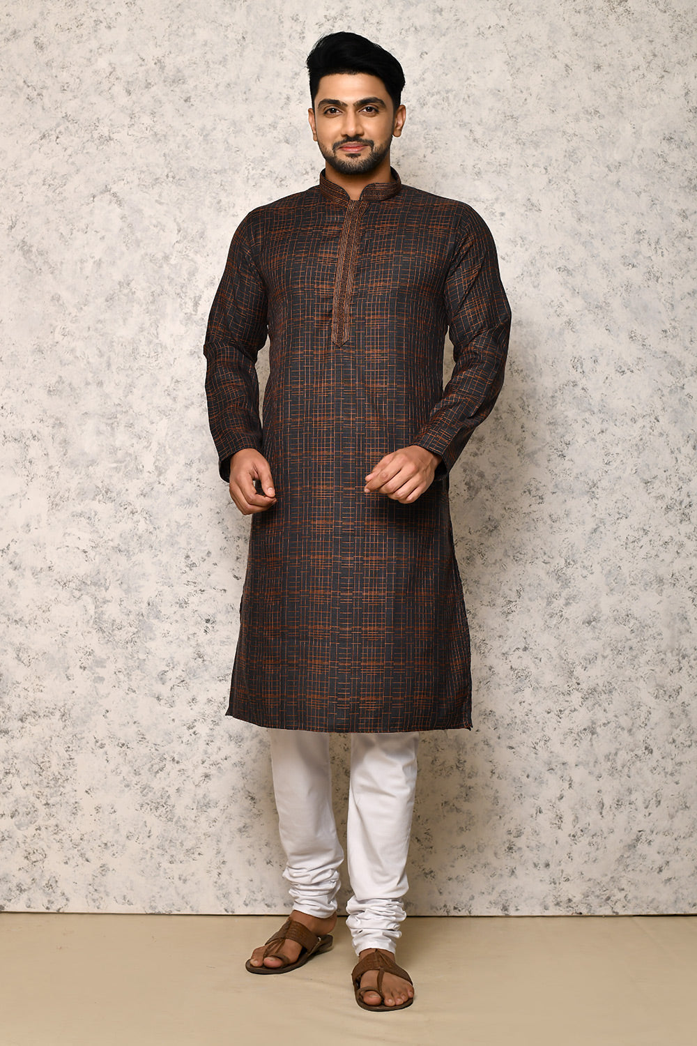 Black Colour Cotton Fabric Thread Work Kurta Pajama
