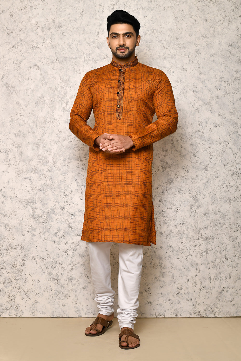 Orange Colour Cotton Fabric Thread Work Kurta Pajama
