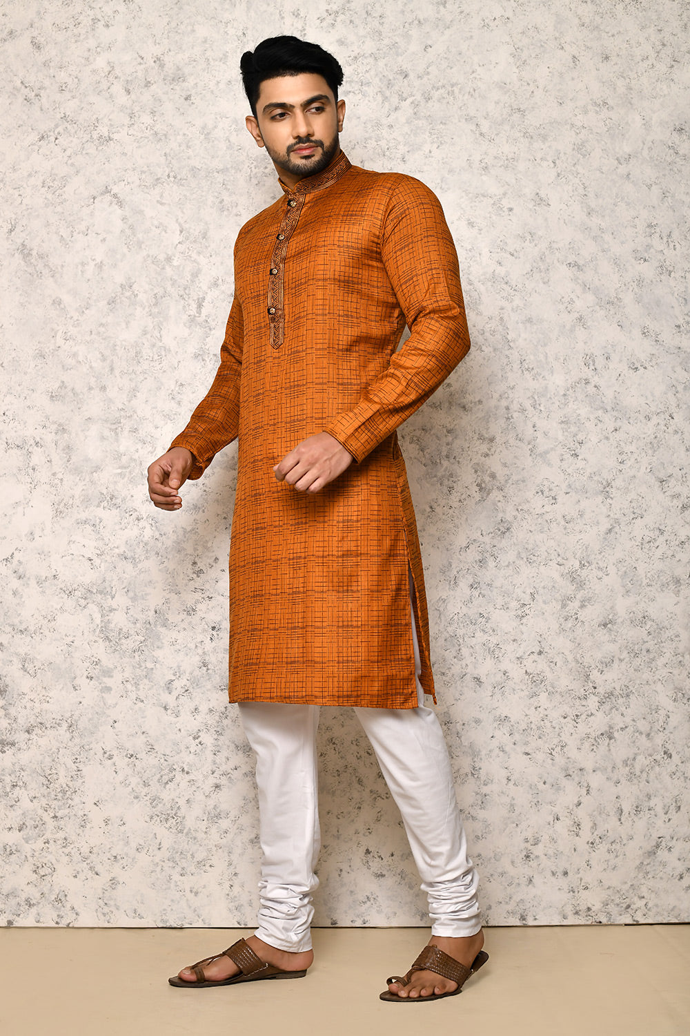 Orange Colour Cotton Fabric Thread Work Kurta Pajama