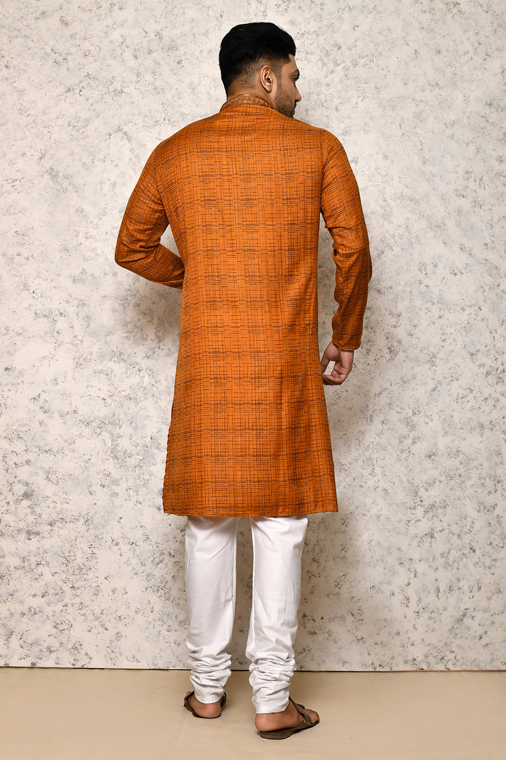 Orange Colour Cotton Fabric Thread Work Kurta Pajama