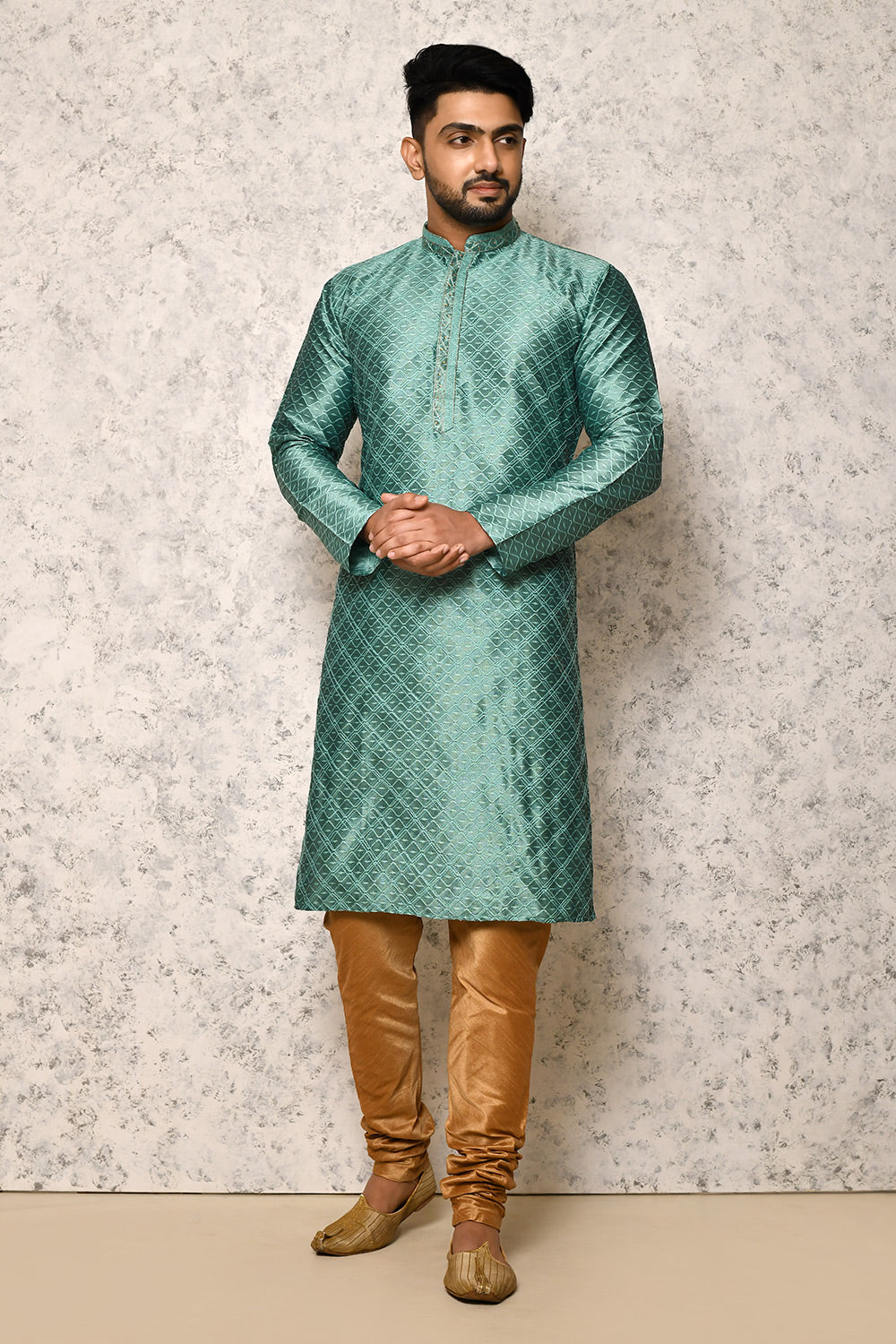 Sea Green Colour Art Silk Fabric Thread Work Kurta Pajama