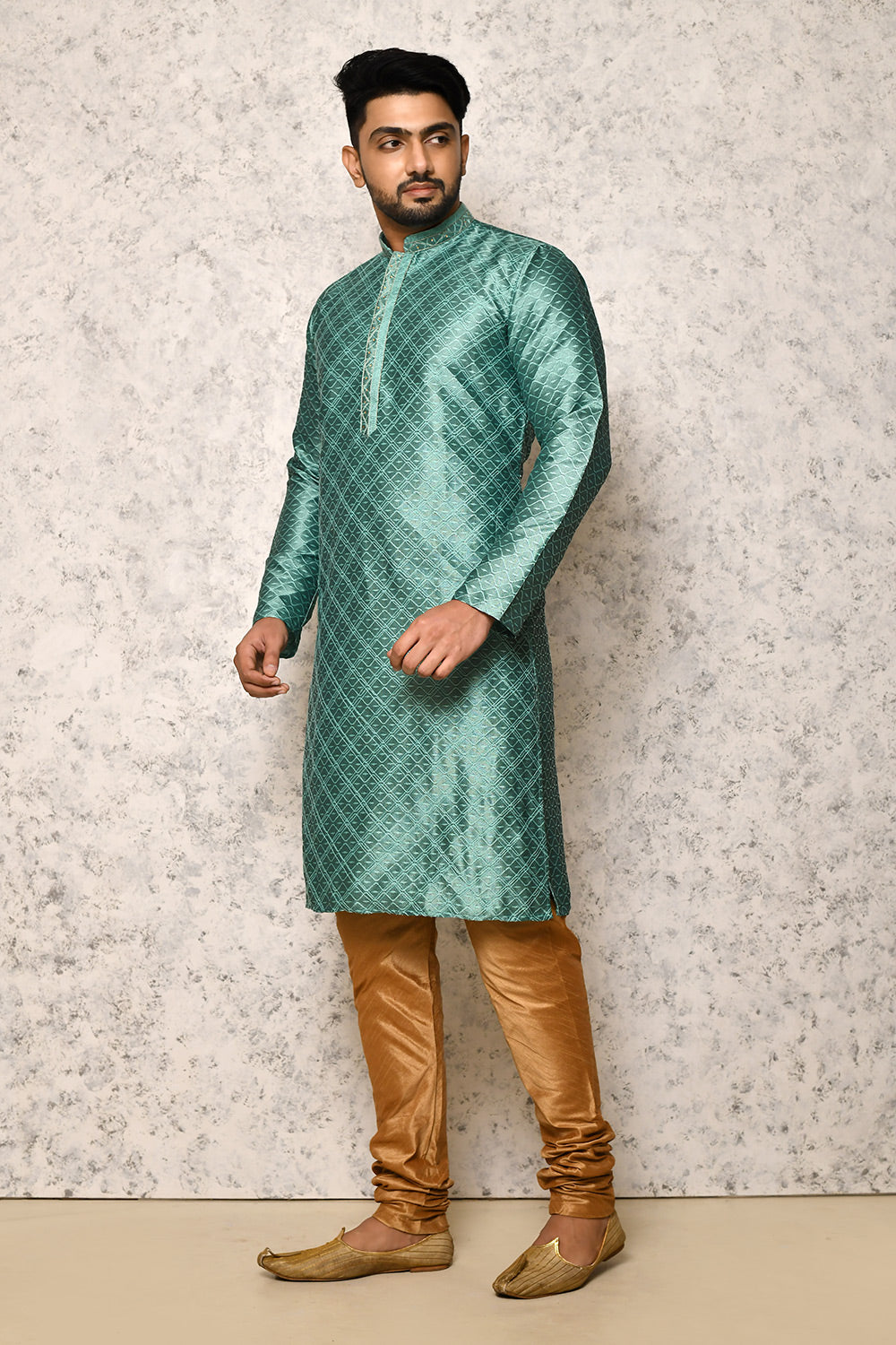 Sea Green Colour Art Silk Fabric Thread Work Kurta Pajama