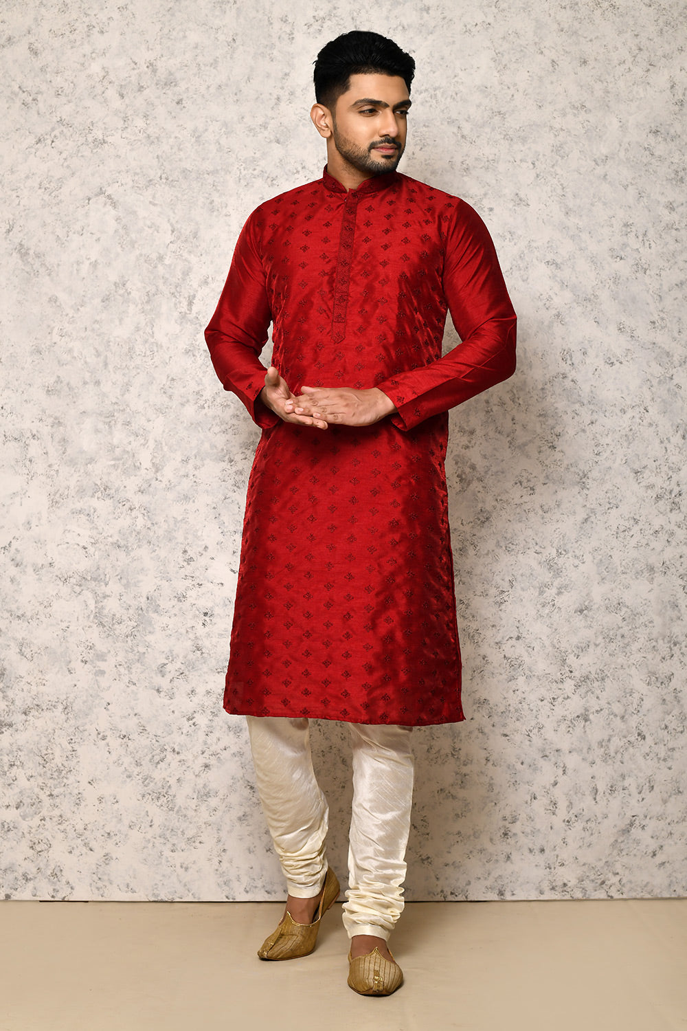 Red Colour Art Silk Fabric Thread Work Kurta Pajama